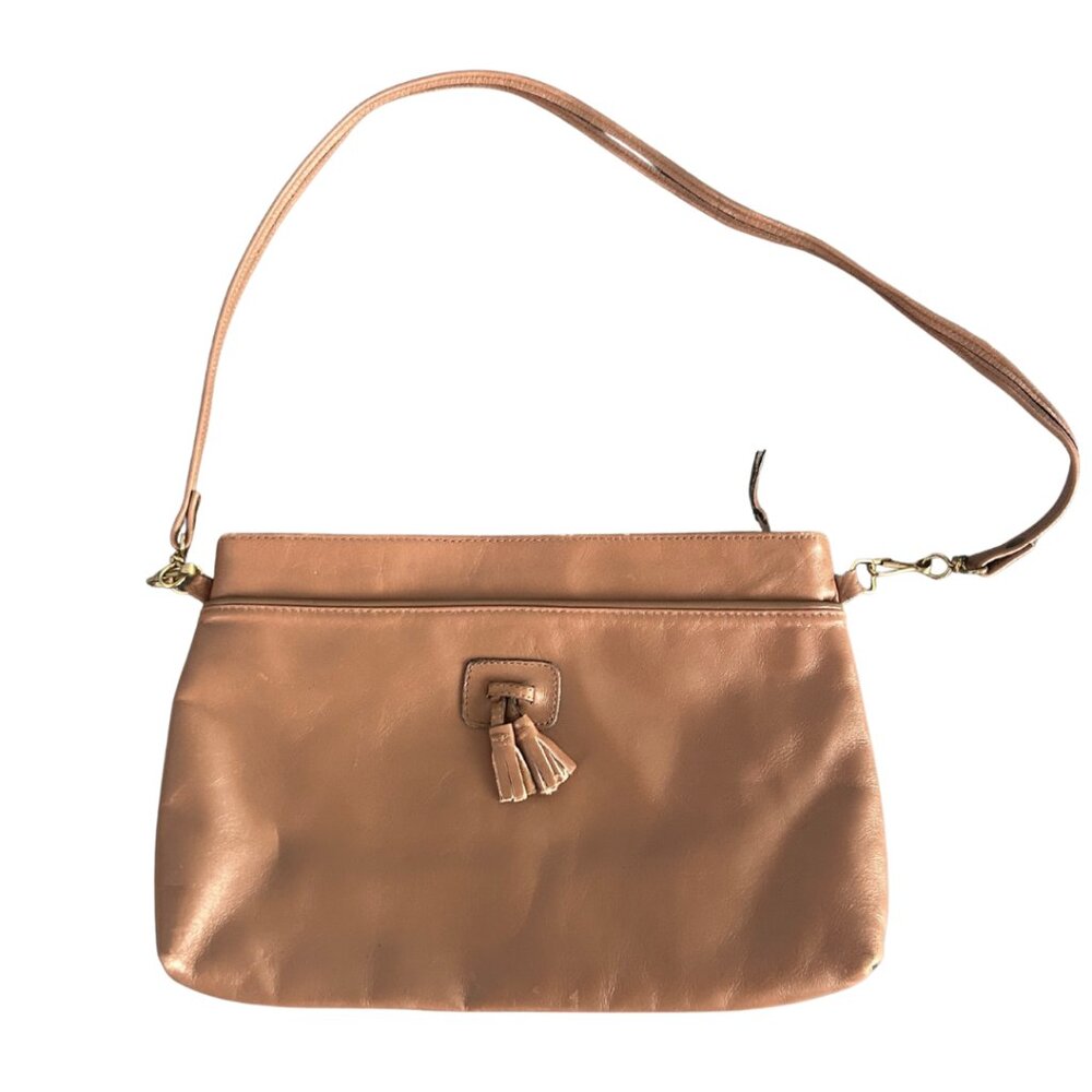 Vintage Brown Leather Shoulder Bag Tassel Accent Zipper Closure Boho FLAW READ